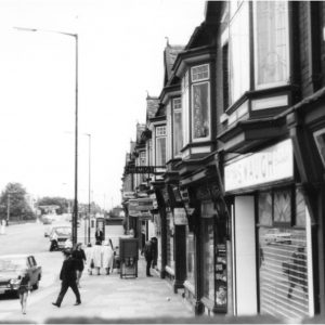 View of shops from 1 Moorfield Road garden.